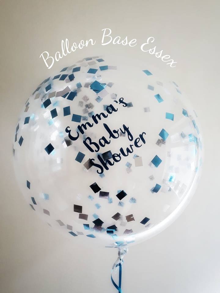 Personalised baby shower clear balloon with blue and silver confetti
