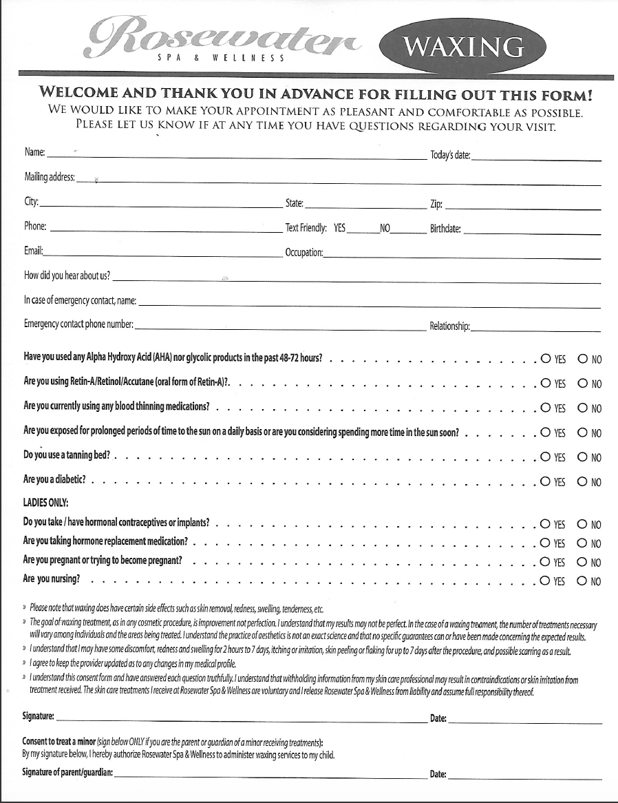 Printable Waxing Form Rosewater Spa & Wellness