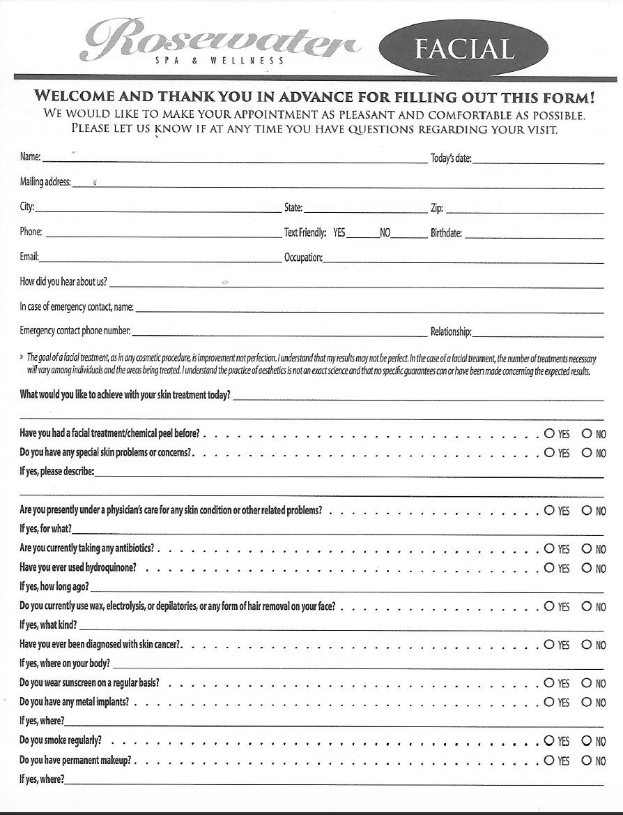 Printable Facial Form Rosewater Spa & Wellness